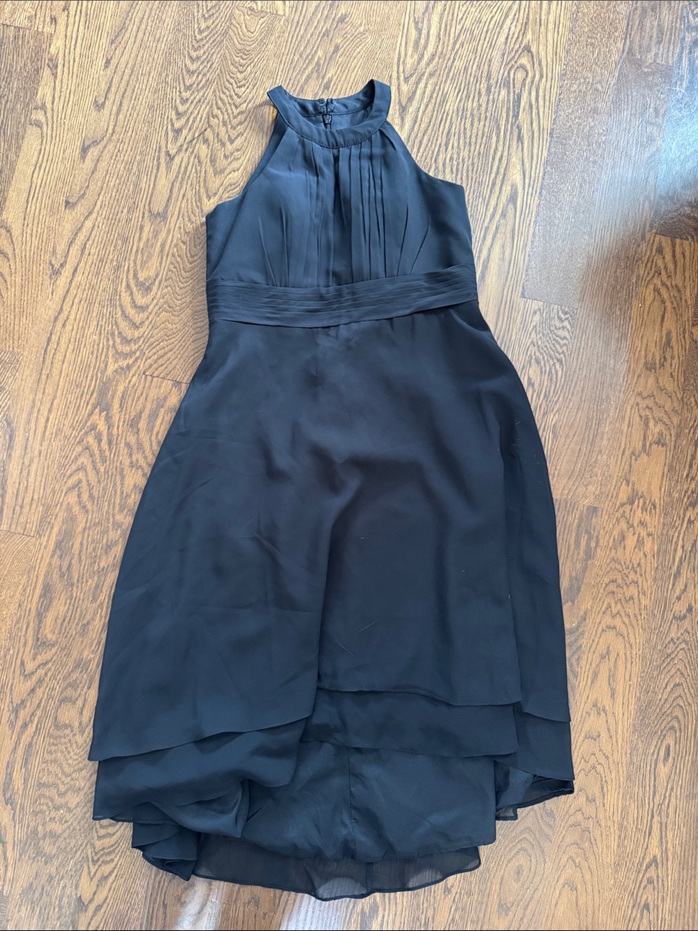 JJs House Black Halter Pleated Bodice Layered High-Low Skirt Dress